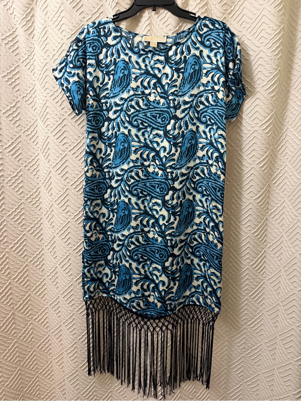 Michael Kors Blue Paisley Fringe Short Sleeve Dress
